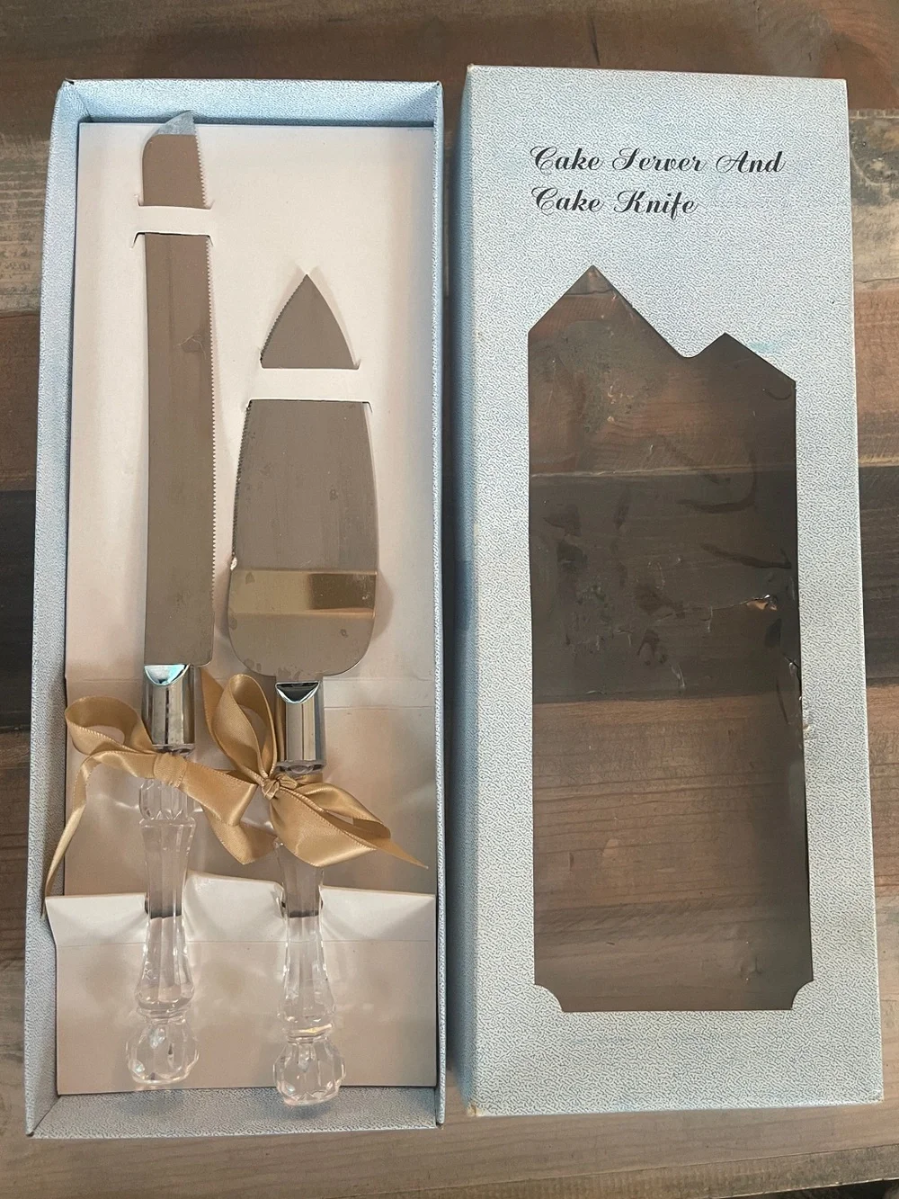 Vintage Cake Knife & Server Set Crystal Style Handles Original Box